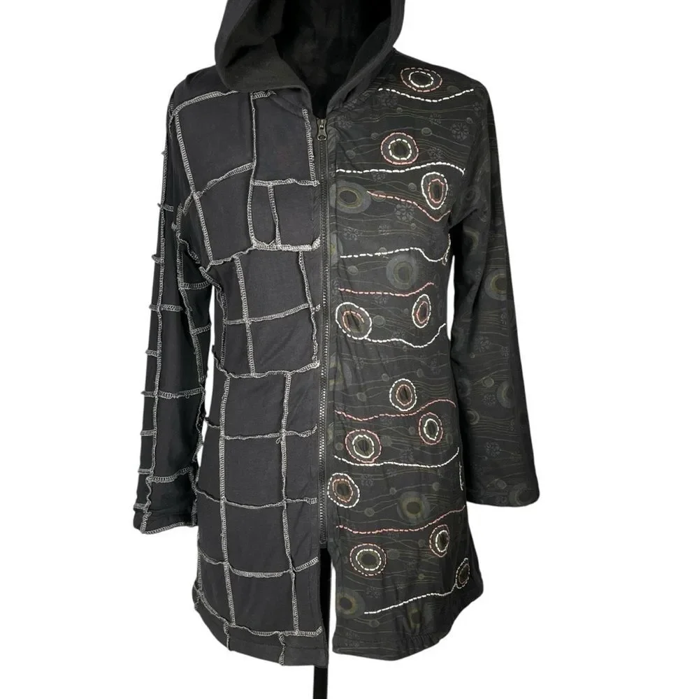 Windhorse Black Patchwork Jacket Whimsigoth Sweatshirt Zip Embroidered Hoodie